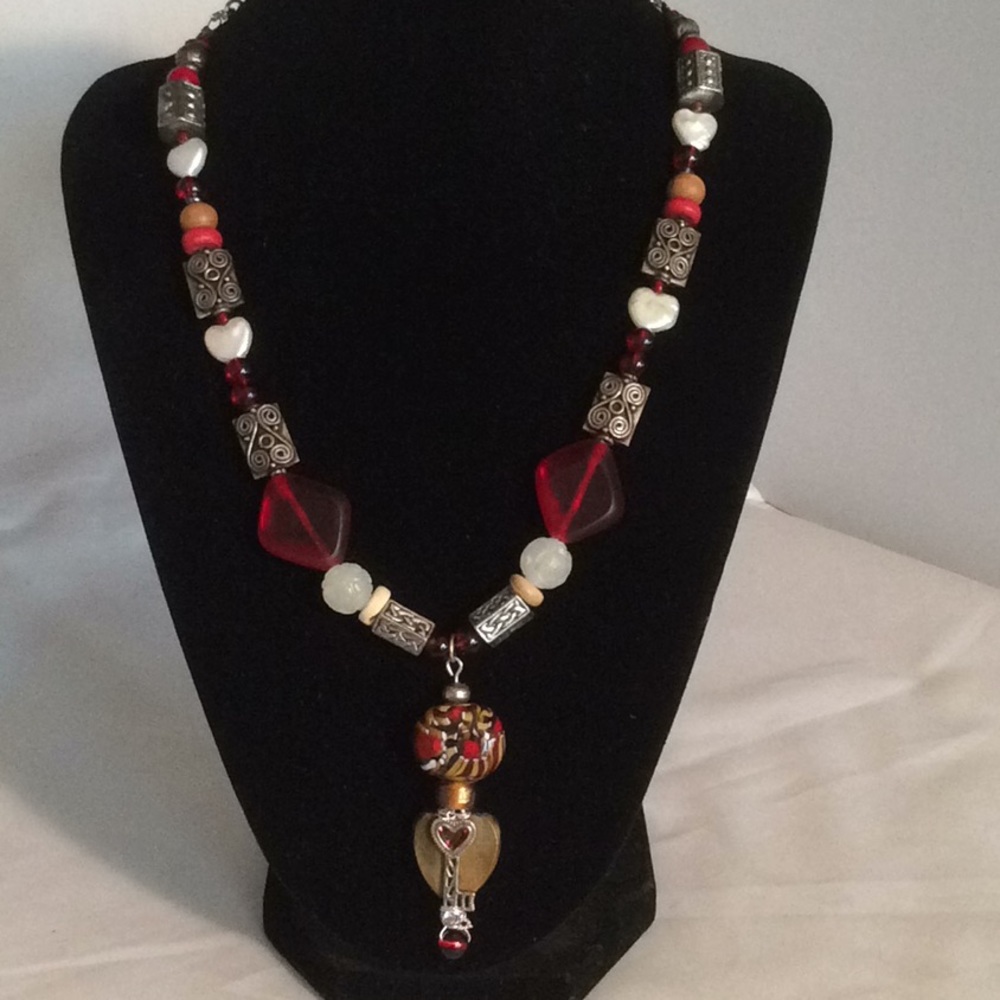 Lampwork Bead, carved agate, red glass necklace